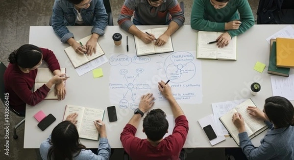 Obraz Diverse group brainstorming ideas in a collaborative workspace  