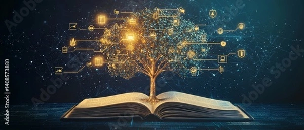 Obraz tree of knowledge growing from open book glowing branches filled with icons of learning representing lifelong education concept futuristic design with warm tones and digital accents