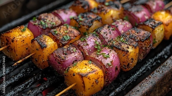 Obraz Grilled Vegetable Skewers on Charcoal Grill