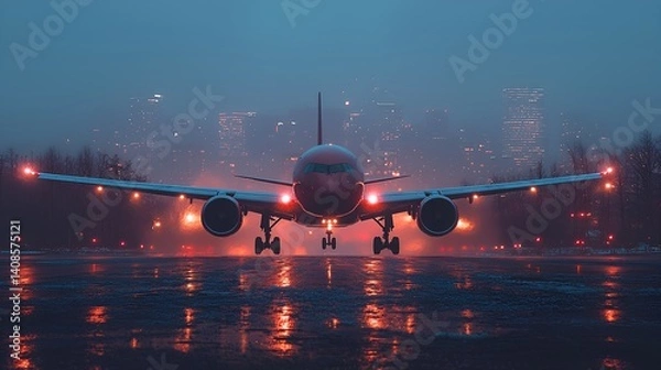 Obraz Airplane landing city night foggy runway