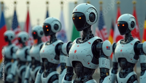 Fototapeta Humanoid robots in formation with world flags. Symbolizes the global AI arms race, automation in warfare, and rising tech-driven geopolitical competition.