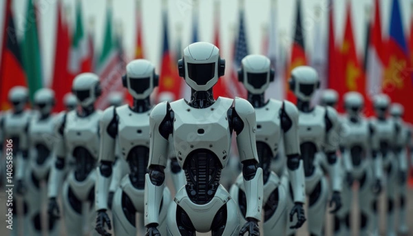 Obraz Humanoid robots in formation with world flags. Symbolizes the global AI arms race, automation in warfare, and rising tech-driven geopolitical competition.