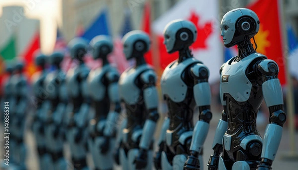Obraz Humanoid robots in formation with world flags. Symbolizes the global AI arms race, automation in warfare, and rising tech-driven geopolitical competition.