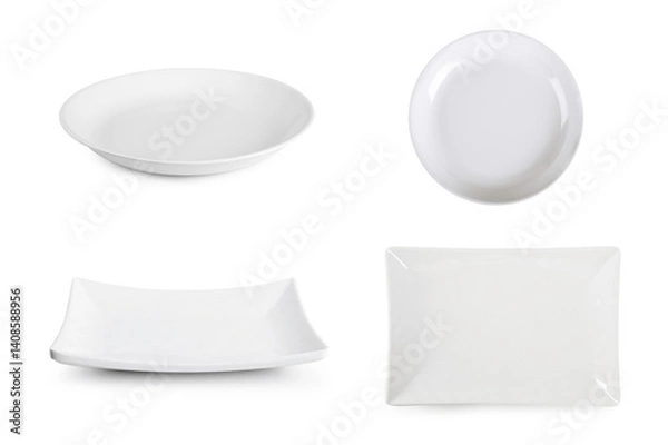 Fototapeta Set of empty white plate, Kitchen dinning tableware for food  isolated on white background.