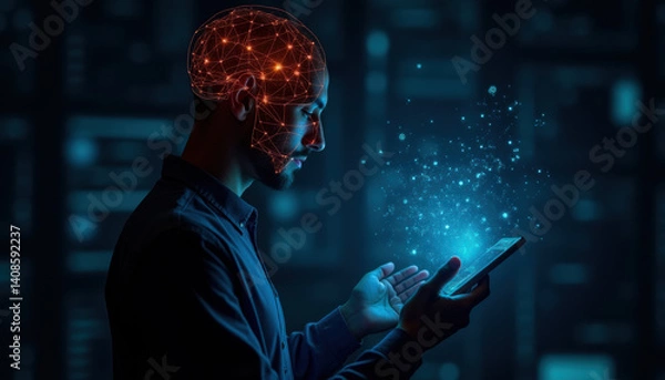 Obraz Visuals of brain-computer interfaces showing neural connectivity with digital devices. Represents AI, neuroscience, and human-machine integration.