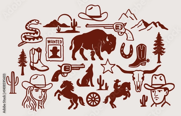 Fototapeta Western Cowboy Vector Illustration Set – Hand-Drawn Vintage Wild West Icons Including Cowgirl, Guns, Cactus, Bison, Horses, and Desert Elements