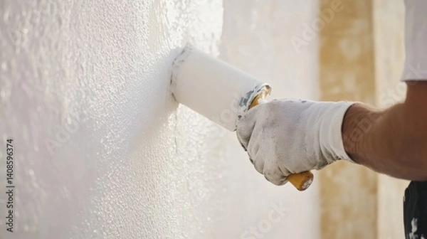 Fototapeta Painter rolling a fresh coat of white paint on a house wall. Featuring precision and coverage