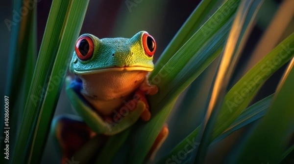 Fototapeta Wildlife Closeup of Red-Eyed Tree Frog, Vibrant Amphibian in Rainforest, Tropical Jungle Habitat, Nature Macro Photography, Evening Light Mood
