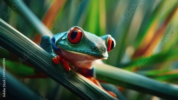 Fototapeta Wildlife Closeup of Red-Eyed Tree Frog, Vibrant Amphibian in Rainforest, Tropical Jungle Habitat, Nature Macro Photography, Evening Light Mood