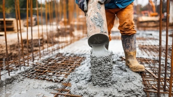 Fototapeta A construction worker pouring cement into a mold. Featuring focus and craftsmanship