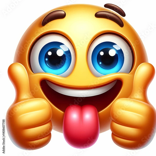 Fototapeta Cheerful 3D cartoon yellow smiley face emoji giving two thumbs up, big blue eyes, wide happy smile with teeth, glossy and shiny surface, positive and encouraging expression.