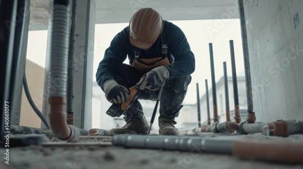 Obraz Plumber fixing pipes on a construction site. Featuring expertise and problem-solving