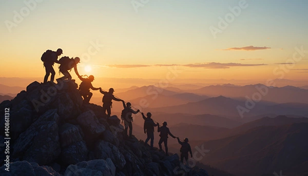Obraz Silhouette of Team Climbing Mountain at Sunset