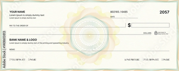 Fototapeta Blank bank check, checkbook cheque template or money payment paper voucher, vector mockup. Business or personal account cash pay cheque certificate or paycheck coupon from checkbook