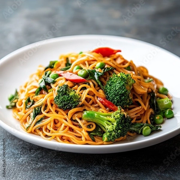 Fototapeta Homemade breakfast with broccoli and Satay noodle, blurred background,close up, space for text