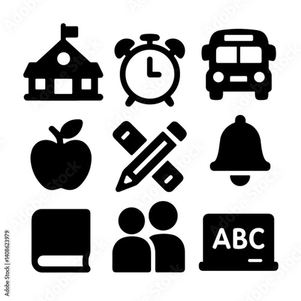 Obraz school teacher icons set Collection of black school and education icons including school building, clock, bus, apple, pencil, ruler, bell, book, students, and chalkboard for academic and classroom
