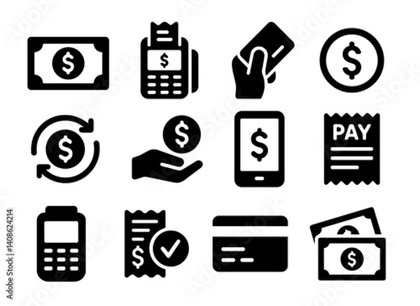 Obraz Payment icons set Bold black payment and finance vector icon set featuring cash, credit card, mobile payment, POS machine, coin, receipt, and currency exchange symbols in a modern flat style