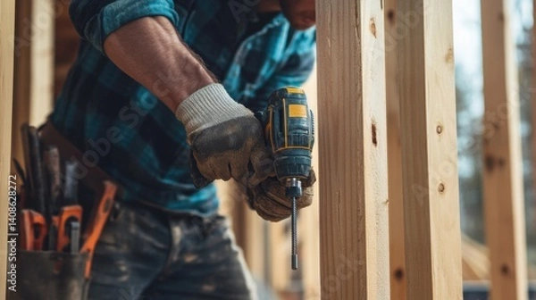 Fototapeta A construction worker using a power drill on wooden framing. Featuring craftsmanship and precision