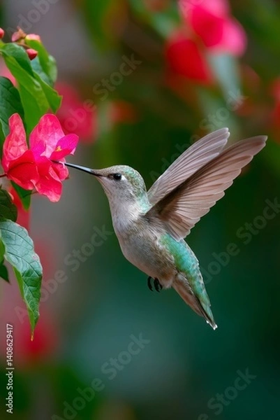 Fototapeta A swift hummingbird rapidly hovering near a flower, seemingly stealing nectar - macro shadow sunlight green close-up
