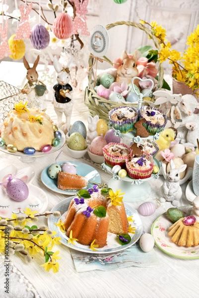 Obraz Easter table with traditional ring cakes, muffins and decors in pastel colors