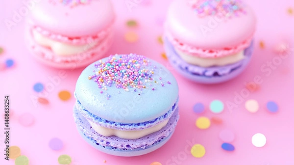 Fototapeta Pastel Macarons with Sprinkles on Pink Background. Vibrant pastel macarons topped with rainbow sprinkles on a pink background. Fun and playful candy-themed dessert image.
