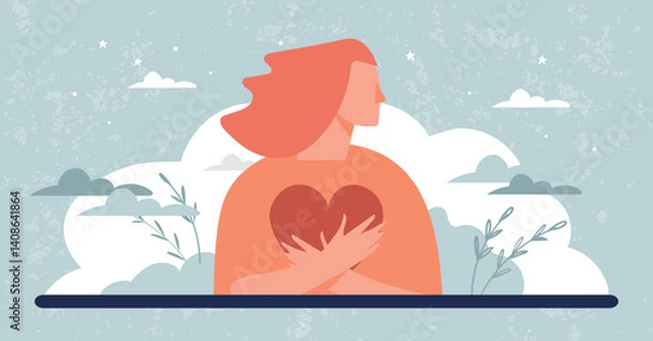Obraz Self love concept banner, volunteering and psychological help, woman hugging heart, healing from trauma, peace of mind. Vector flat illustration.