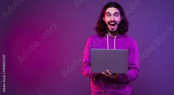 Obraz Amazed man laptop purple background.