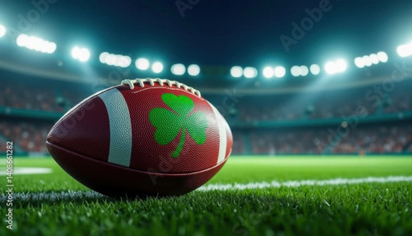 Obraz Football with a green shamrock on the surface, shown in a dramatic stadium setting. Combines athletic energy with Irish symbolism.