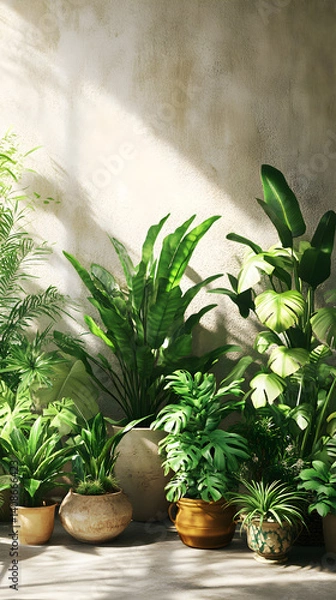 Fototapeta Serene Indoor Oasis: Lush Greenery in a Harmonious Indoor Setting with Diverse Potted Plants and Natural Light