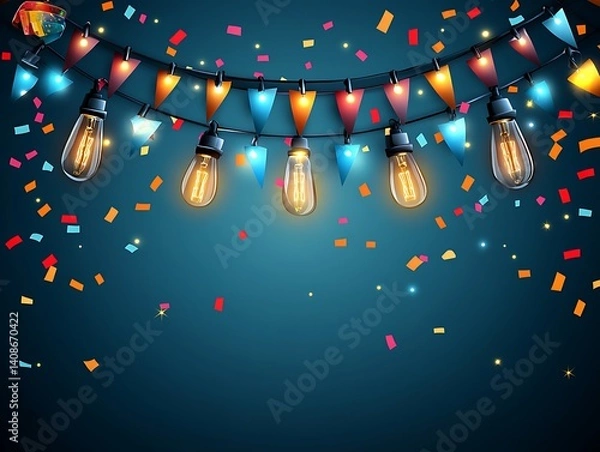 Fototapeta Festive celebration background with string lights and colorful confetti