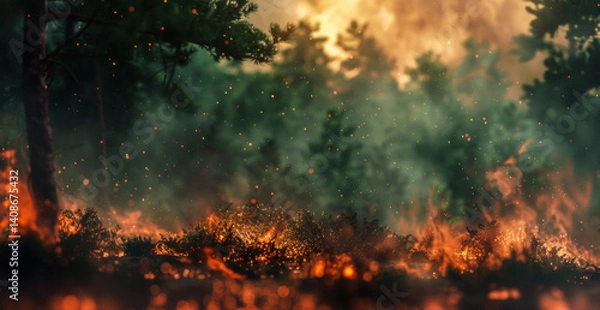 Fototapeta Dramatic generative AI rendering of a forest wildfire engulfing trees in flames. Ideal for illustrating environmental disasters, climate change, and emergency response.