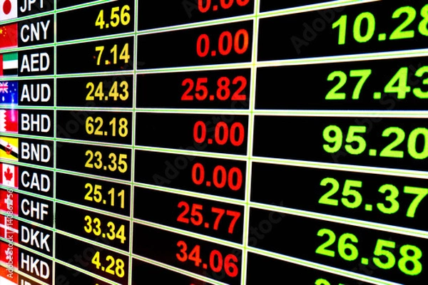 Fototapeta Currency exchange rate on LED digital board display