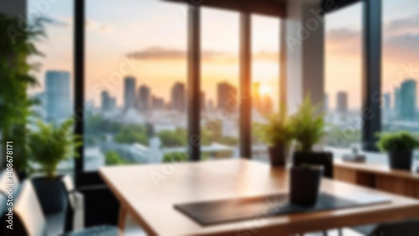 Fototapeta Blurred office interior background with large windows with city urban view, plants and wooden table at sunset. Modern workplace and green urban concept. Design for poster, wallpaper, Spate.