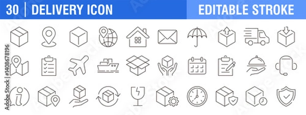 Fototapeta Collection of delivery icons. Shipping, packaging, fast. Vector design template, signs, symbols, editable stroke.