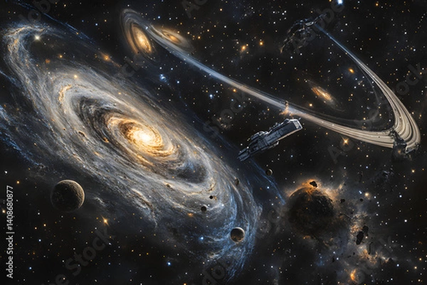 Fototapeta Voyage Through Celestial Wonders: A Starship's Journey Across the Cosmic Tapestry