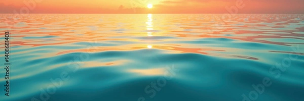 Fototapeta A tranquil ocean scene at sunset with gentle waves reflecting warm hues of orange and yellow light.
