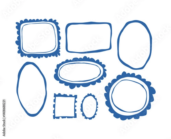 Fototapeta Set of hand drawn abstract doodle vector frames in blue color with rough edges and uneven lines, sketchy border shapes