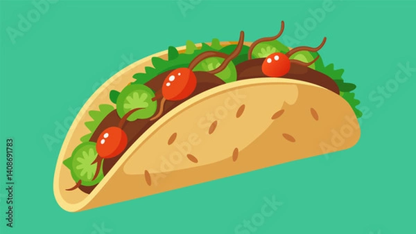 Fototapeta Bite into a chapulines taco filled with crunchy grasshoppers and topped with fresh salsa for a delicious and adventurous meal.. Vector illustration