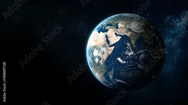 Fototapeta The image shows planet Earth from space, against a backdrop of stars.A medium description sentence:  A vibrant Earth, swirling with clouds and pinpricks of city lights, hangs in the inky blackness of