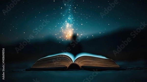 Obraz Open book under starry sky filled with galaxy and knowledge concept. An open book with a galaxy emerging from its pages at night.