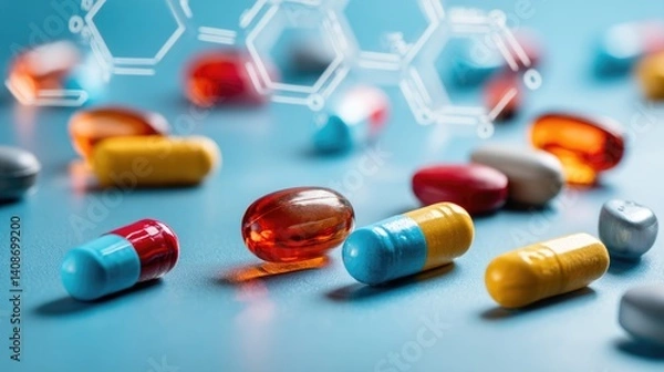 Obraz Colorful Pills in Abstract Healthcare Context: Captivating visual of a colorful array of pills, symbolizing the essence of healthcare with an abstract, modern appeal.