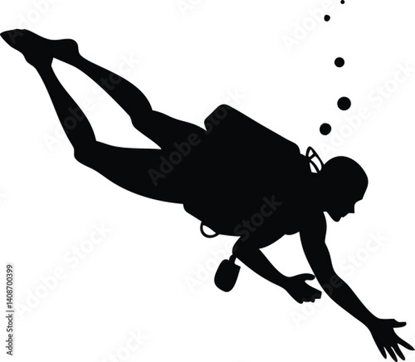 Fototapeta Diver Silhouette with Bubbles on Transparent Background Scuba Diving Underwater