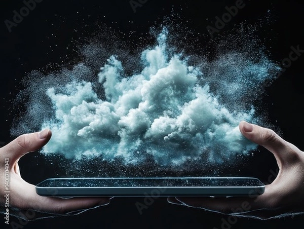 Fototapeta A hands-on digital display creates a cloud-like effect, blending technology with nature in a captivating visual representation.