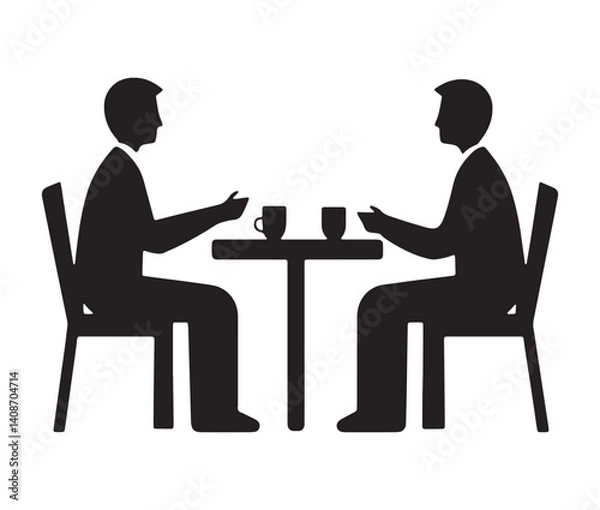 Fototapeta Simple vector icon of two people sitting at a table. Silhouette conversation business or coffee table talk illustration.