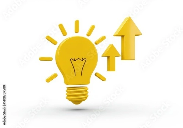 Fototapeta A yellow lightbulb with two arrows pointing upwards on a white background illustration