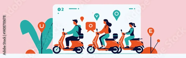 Fototapeta Three_people_ride_orange_scooters_in_front_of_a_map_illustration_with_location_pins_on_a_pink_background_with_teal_leaf_shapes