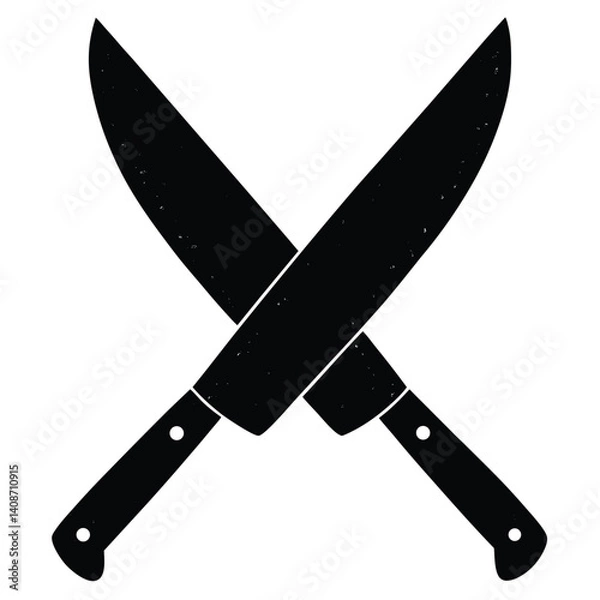 Fototapeta Black crossed knives silhouette with worn texture, isolated on transparent backdrop