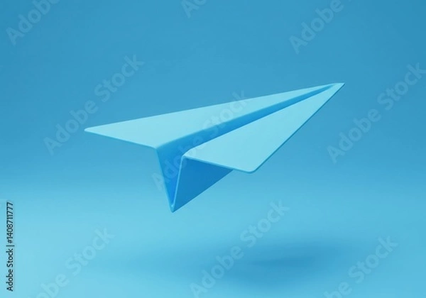 Fototapeta A simple light blue paper airplane floating against a light blue background in a minimalist style