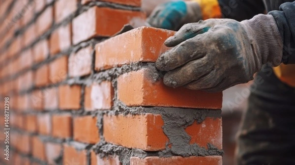 Fototapeta A construction worker aligning bricks for a brick wall. Featuring focus and craftsmanship
