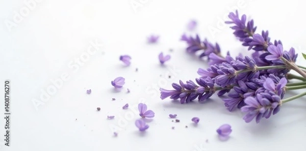 Fototapeta Delicate lavender sprigs, scattered artfully on pristine white , violet, nature